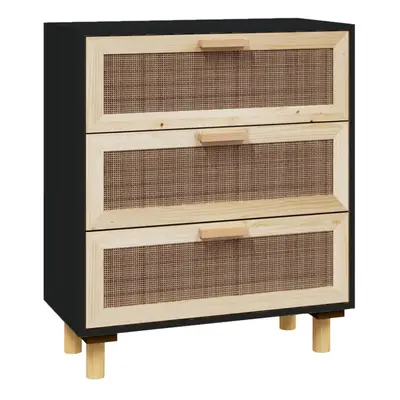 (Black) vidaXL Sideboard Storage Cabinet Cupboard Solid Wood Pine and Natural Rattan