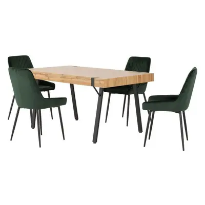 Treviso Light Oak Effect and Black Dining Set with Green Velvet Avery Chairs