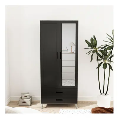 (Ash Grey Black ) 180cm Mirror Wardrobe Door Drawer Bedroom Clothes Storage Hanging Rail