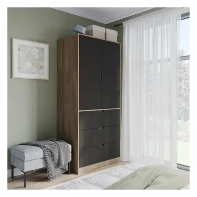 (Oak, Black) 180cm Modern Wardrobe Door with Drawer Storage and Hanging Rail Bedroom Furniture