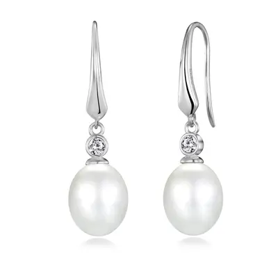 Sterling Silver White Pearl Drop Earrings Created with Swarovski Crystals