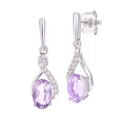 Jewelco London 9ct White Gold Round 5pts Diamond Oval 0.82ct Amethyst Kiss Crossover Drop Earrin