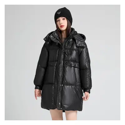 (black, M) Autumn And Winter Women&apos;s Thickened Hooded Coat Loose Mid-length Windproof Warm 