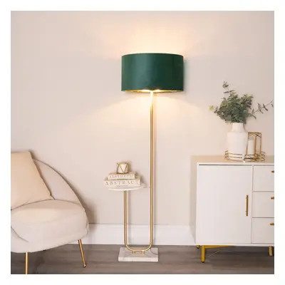 ValueLights Tavel Green Velvet & Gold Shade Gold Floor Lamp & Table & Bulb