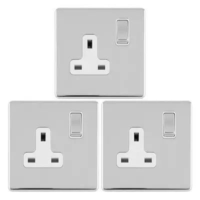 3 PACK Gang DP 13A Switched UK Plug Socket SCREWLESS POLISHED CHROME Power