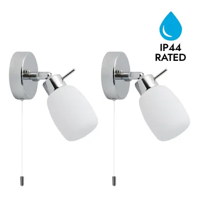 Set of Brom - Chrome Opal Glass IP44 Pull Cord Bathroom Wall Spotlights