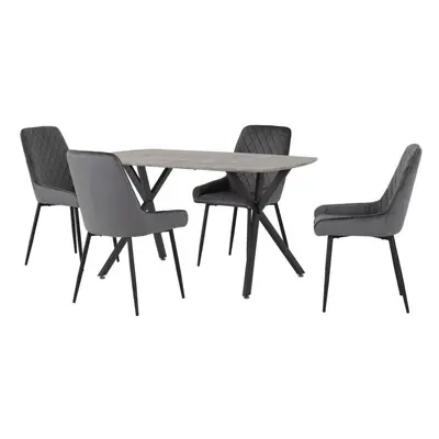 (Grey Velvet) Athens Concrete Effect/Black Rectangular Dining Set with Avery Chairs - Table with