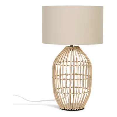 Contemporary Small Natural Rattan Cylinder Table Lamp with a Beige Cylinder Shade - Complete wit