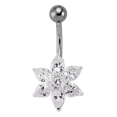 Jewelco London Sterling Silver Cubic Zirconia Flower Cluster with Stainless Steel Belly Bar & Ba