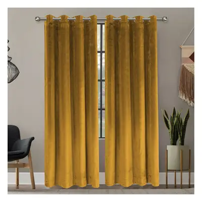 (OCHRE, 66X72) THICK VELVET CURTAINS PAIR OF EYELET RING TOP SOFT