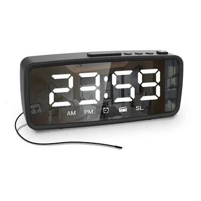 (Black, Radio) USB-Rechargeable LED Mirror Digital Alarm Clock with Snooze Mode