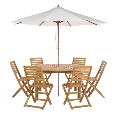 Table with Chairs and Parasol TOLVE Acacia Wood 150x74 cm Light Wood