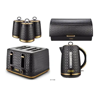 Tower Empire Black Jug Kettle, Slice Toaster, Bread Bin & Canisters Set