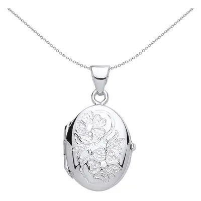 Jewelco London Ladies Sterling Silver Flowers Oval Locket Necklace inch - LK52