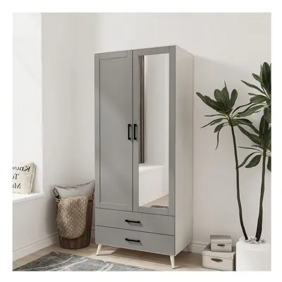 (White Grey) 180cm Mirror Wardrobe Door Drawer Bedroom Clothes Storage Hanging Rail