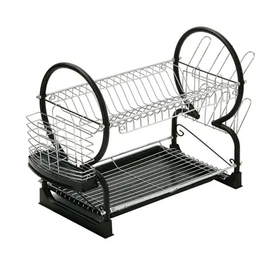 Black Tier Dish Drainer, Modern Chrome and Black Dish Drainer, Stylish Dish Drainer with Drip Tr