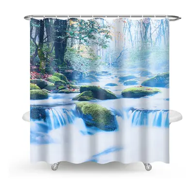 (A) 180x180CM Waterfall Shower Curtain Non-toxic Anti-slip Bath Mat Set Waterproof Toilet Rug Se