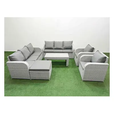 Fimous PE Rattan High Back Lounge Sofa Set Patio Oblong Coffee Table & Chairs Set with Big Foots