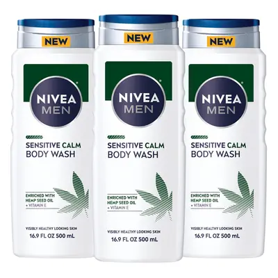 NIVEA MEN Sensitive Calm Body Wash with Vitamin E and Hemp Seed Oil Pack of 16.9 Fl Oz Bottles