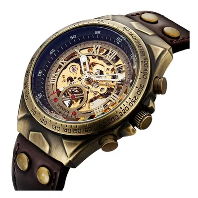 Leather Mechanical Watch Men Automatic Steampunk Watch Mens Skeleton Watches Bronze Transparent 