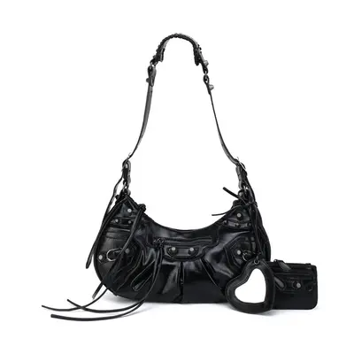 (Black) Heavy Work Studded Biker Bag in Moon Bag Underarm Bag Single Shoulder Crossbody