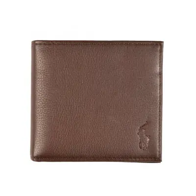 (Brown) Polo Ralph Lauren Mens Bifold Pebble Leather Card & Bill Slim Wallet