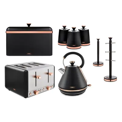 Tower Cavaletto Black 8pc Kitchen Set Kettle Slice Toaster Breadbin