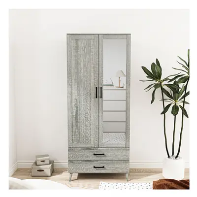 (Ash Grey) 180cm Mirror Wardrobe Door Drawer Bedroom Clothes Storage Hanging Rail