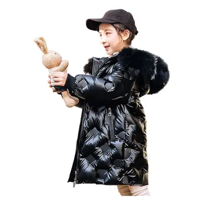 (Black, Years) Kids Girl Winter Long Coat Fur Hooded Parka Jacket