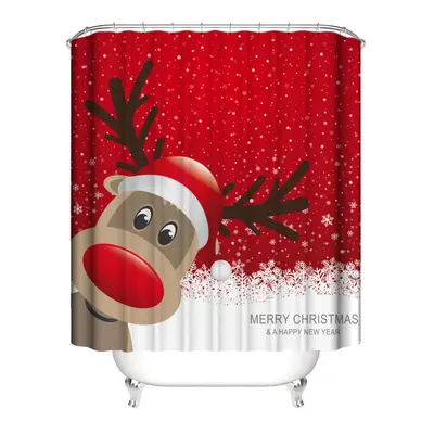 (A) 180x180CM Christmas Elk Waterproof Shower Curtain Anti-slip Bath Seat Mat Floor Mat Set