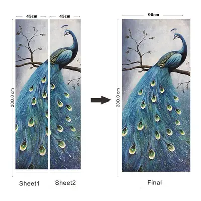 PVC Living Room Door Stickers Wallpaper Poster Peacock Waterproof Home Decoration