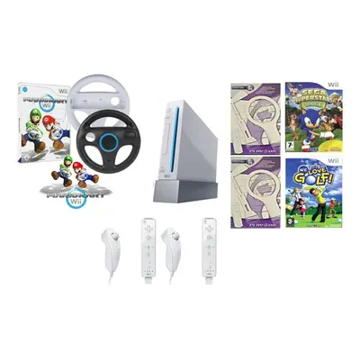 Nintendo Wii Console + Mario Kart Wheels Remotes 2x Tennis Golf Rackets