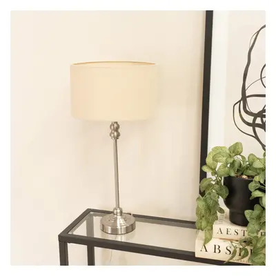 Maggie Chrome Candlestick Table Lamp with Natural Fabric Drum Shade