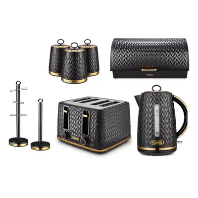 Tower Empire Black Jug Kettle, Slice Toaster, Bread bin, Canisters, Mug Tree & Towel Pole