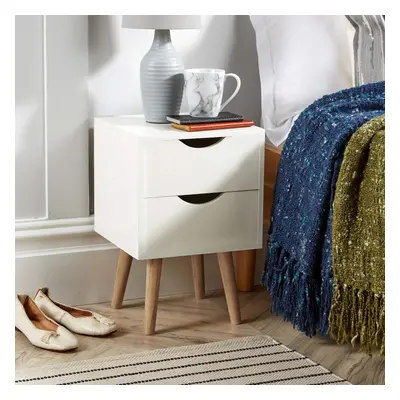 White Bedside Cabinet Drawer Lamp Side Table Solid Wood Legs Scandi Style