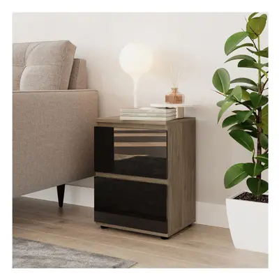 (Oak & Black) High Gloss Drawer Skagen Wooden Bedside Cabinet No Handle Drawer Storage