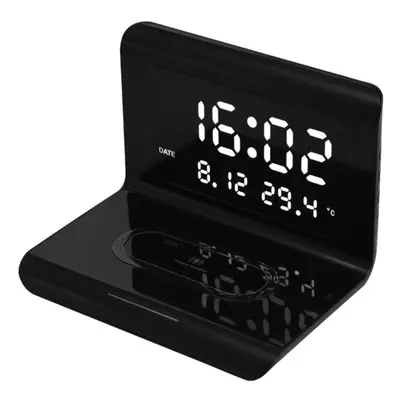 (Black) 10W Wireless Charger Pad and Alarm Clock Thermometer