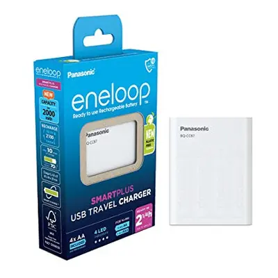 Panasonic eneloop SmartPlus USB Travel Charger for AA/AAA NI-MH Batteries, with USB Port and Sec