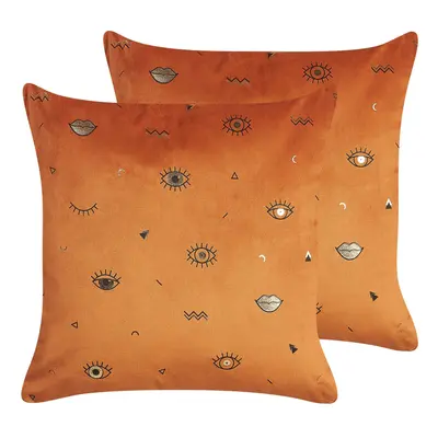 Set of Velvet Cushions Eye Motif x cm Orange AEONIUM