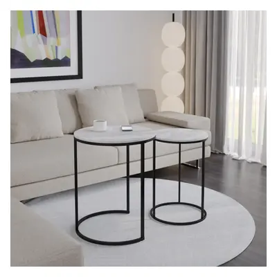 (White Ash Top with Black Legs) Pcs Round Nesting Stackable Sofa Side Bedside End Table Set Wood