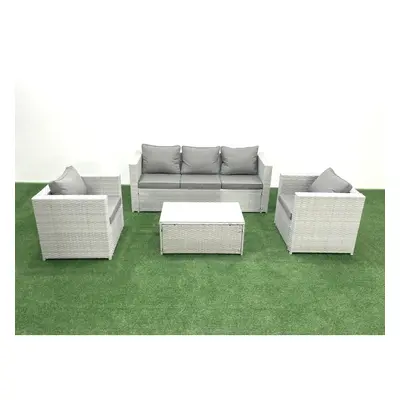 Fimous Rattan Garden Furniture Set with Seater Sofa Chair Rectangular Coffee Table Light Grey Mi