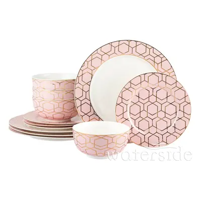 12pc Tallulah Pink & Gold Dinner Set