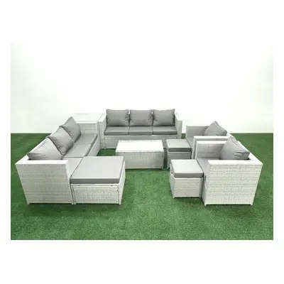 Fimous Outdoor Rattan Sofa Garden Furniture Set with Armchairs Oblong Coffee Table Footstools Si