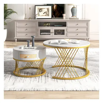 (White+Gold) 2-in-1 Round Coffee Table Made of MDF