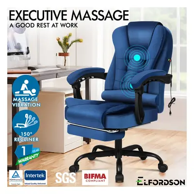 ELFORDSON Massage Office Chair with Footrest Executive Gaming Seat Velvet Blue