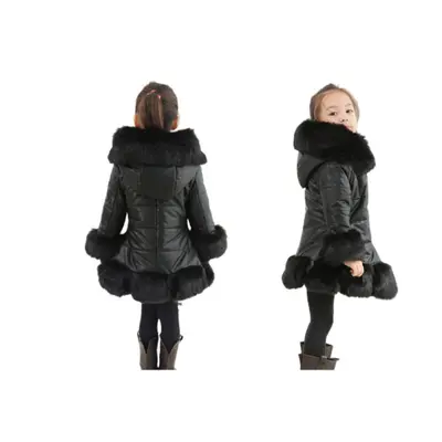 (7-8 Years) Black Girls Kids Winter Coat Jacket PU Fur Hooded