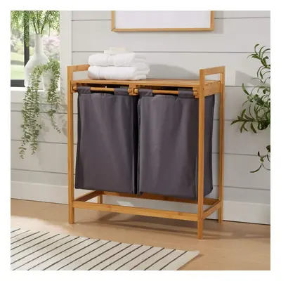 Home Source Walton Bamboo Laundry Basket with Grey Fabric Compartments Storage Unit