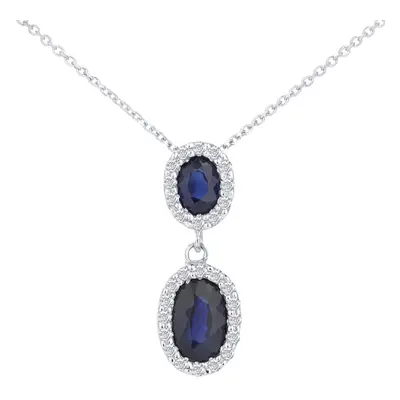 Jewelco London 9ct White Gold Round 10pts Diamond Oval 0.88ct Sapphire Cluster Pendant Necklace 