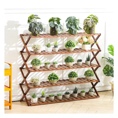 (Brown) Foldable 5-Tier Bamboo Flower Stand Rack Plant Storage Shelf