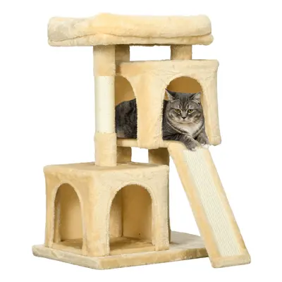 PawHut Cat Rest & Play Activity Tree w/ House Scratching Post Cream White